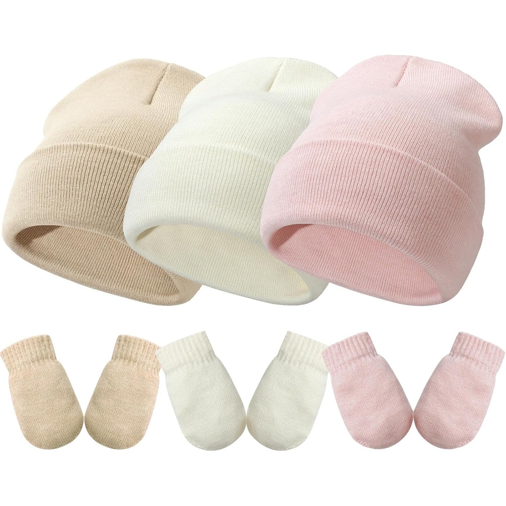 image:imageDRESHOW BQUBO 3 Pack Baby Beanies Toddler Kids Winter Hats Soft Knit Hat for Baby Boys Girls Warm Cap Beanies3 Sets Knit Hat Mittens Ivory White Beige Light Pink
