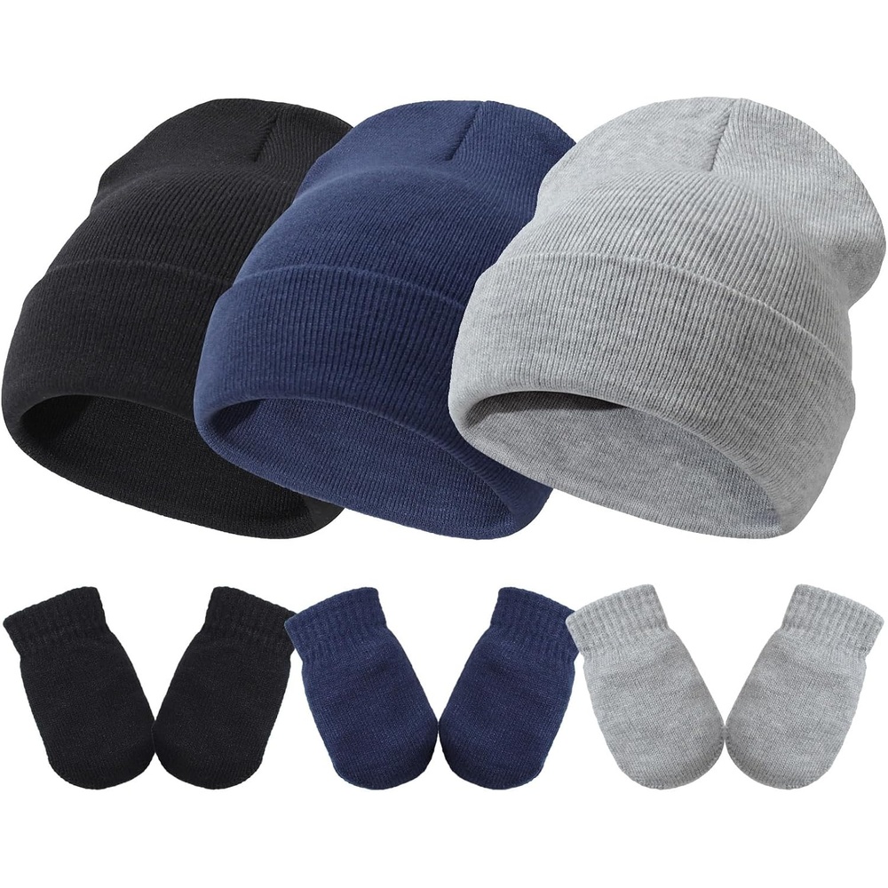 image:imageDRESHOW BQUBO 3 Pack Baby Beanies Toddler Kids Winter Hats Soft Knit Hat for Baby Boys Girls Warm Cap Beanies3 Sets Knit Hat Mittens Light Grey Navy Blue Black