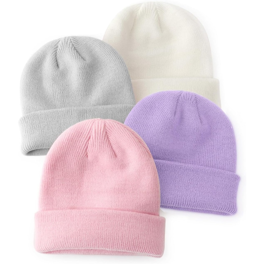image:imageDRESHOW BQUBO 3 Pack Baby Beanies Toddler Kids Winter Hats Soft Knit Hat for Baby Boys Girls Warm Cap Beanies4 Pack Knit Cap Purple Pink Milky White Light Grey