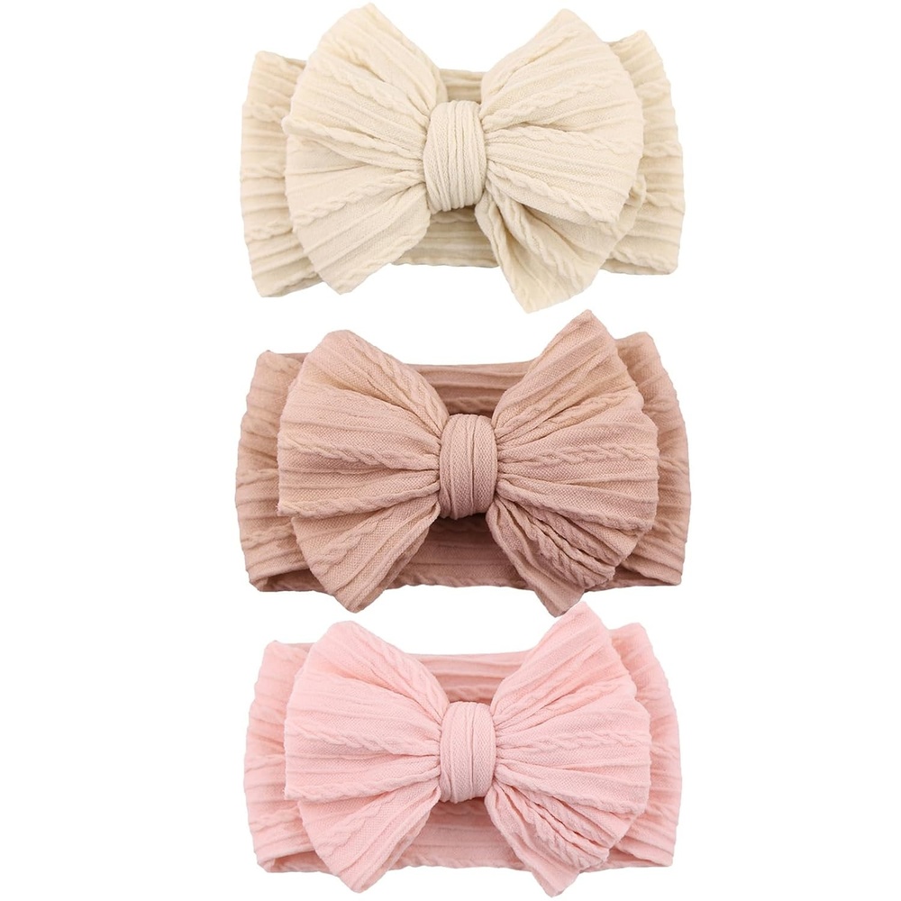 image:imageDRESHOW BQUBO Handmade Baby Headbands Soft amp Stretchy Hair Bands with Bows Nylon Bows Hairbands for Girls Newborn Infant Toddlers Hair Accessories 3 pack3 Pack Twists Patterned Bows Light Pink Pink Beige