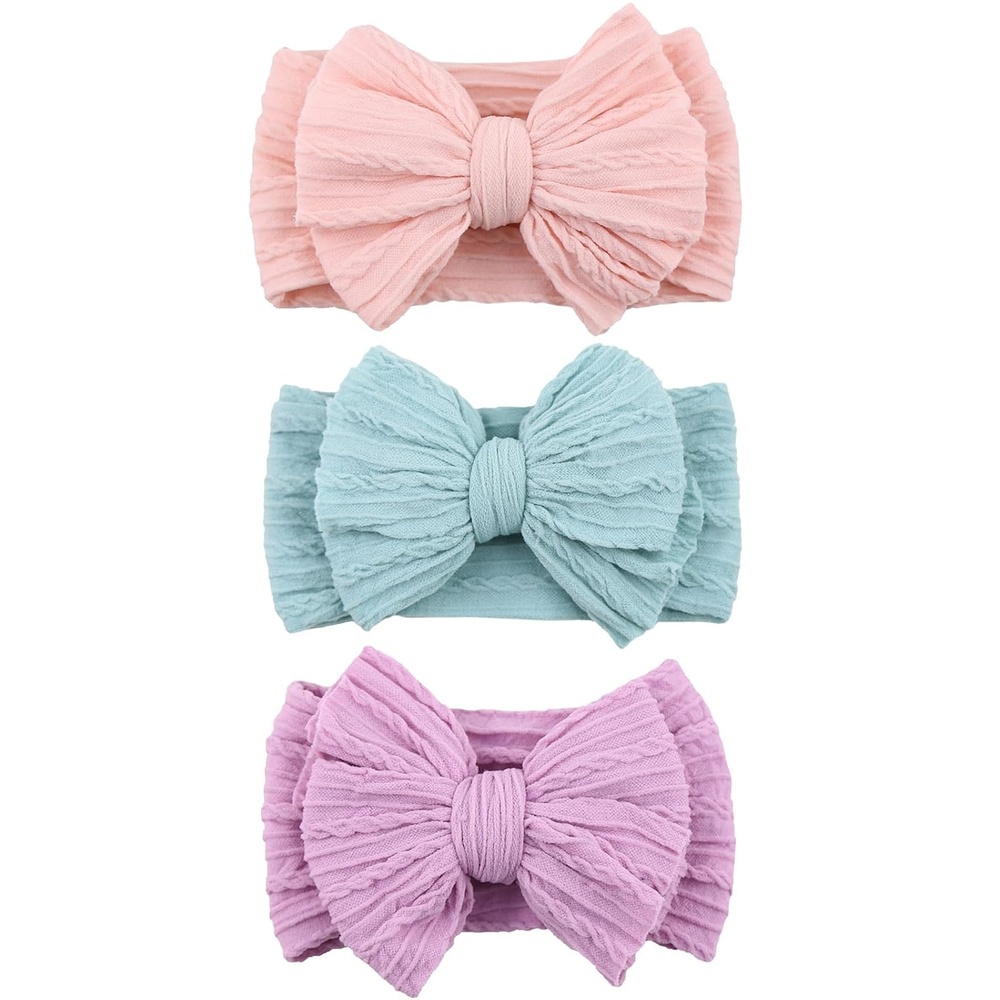 image:imageDRESHOW BQUBO Handmade Baby Headbands Soft amp Stretchy Hair Bands with Bows Nylon Bows Hairbands for Girls Newborn Infant Toddlers Hair Accessories 3 pack3 Pack Bow Knit Spiral Patterned D