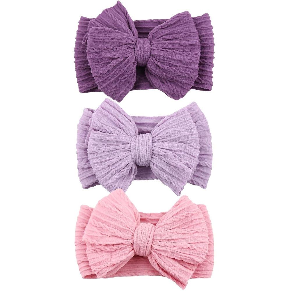 image:imageDRESHOW BQUBO Handmade Baby Headbands Soft amp Stretchy Hair Bands with Bows Nylon Bows Hairbands for Girls Newborn Infant Toddlers Hair Accessories 3 pack3 Pcs Baby Bow Headband Set Pink  Lavender  Plum