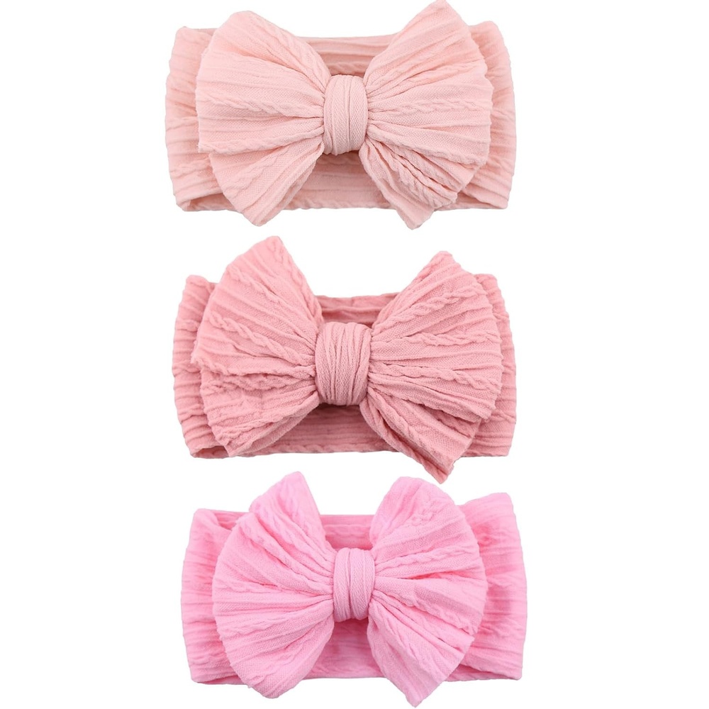 image:imageDRESHOW BQUBO Handmade Baby Headbands Soft amp Stretchy Hair Bands with Bows Nylon Bows Hairbands for Girls Newborn Infant Toddlers Hair Accessories 3 pack3 Pack Twists Patterned Bows Pink Light Pink Barbie Pink