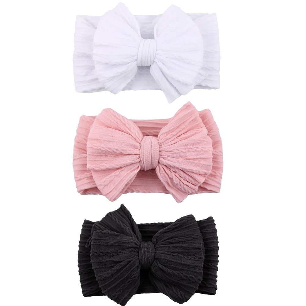 image:imageDRESHOW BQUBO Handmade Baby Headbands Soft amp Stretchy Hair Bands with Bows Nylon Bows Hairbands for Girls Newborn Infant Toddlers Hair Accessories 3 pack3 Pack Bow Knit Spiral Patterned White Pink Black