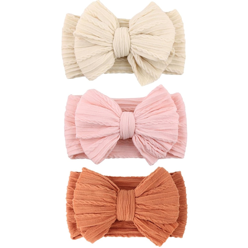 image:imageDRESHOW BQUBO Handmade Baby Headbands Soft amp Stretchy Hair Bands with Bows Nylon Bows Hairbands for Girls Newborn Infant Toddlers Hair Accessories 3 pack3 Pcs Baby Bow Headband Set Rust Pink Cream