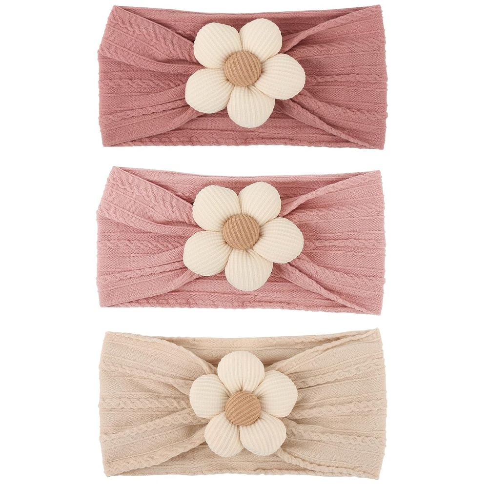 image:imageDRESHOW BQUBO Handmade Baby Headbands Soft amp Stretchy Hair Bands with Bows Nylon Bows Hairbands for Girls Newborn Infant Toddlers Hair Accessories 3 pack3 Pcs BeigePinkDark Pink