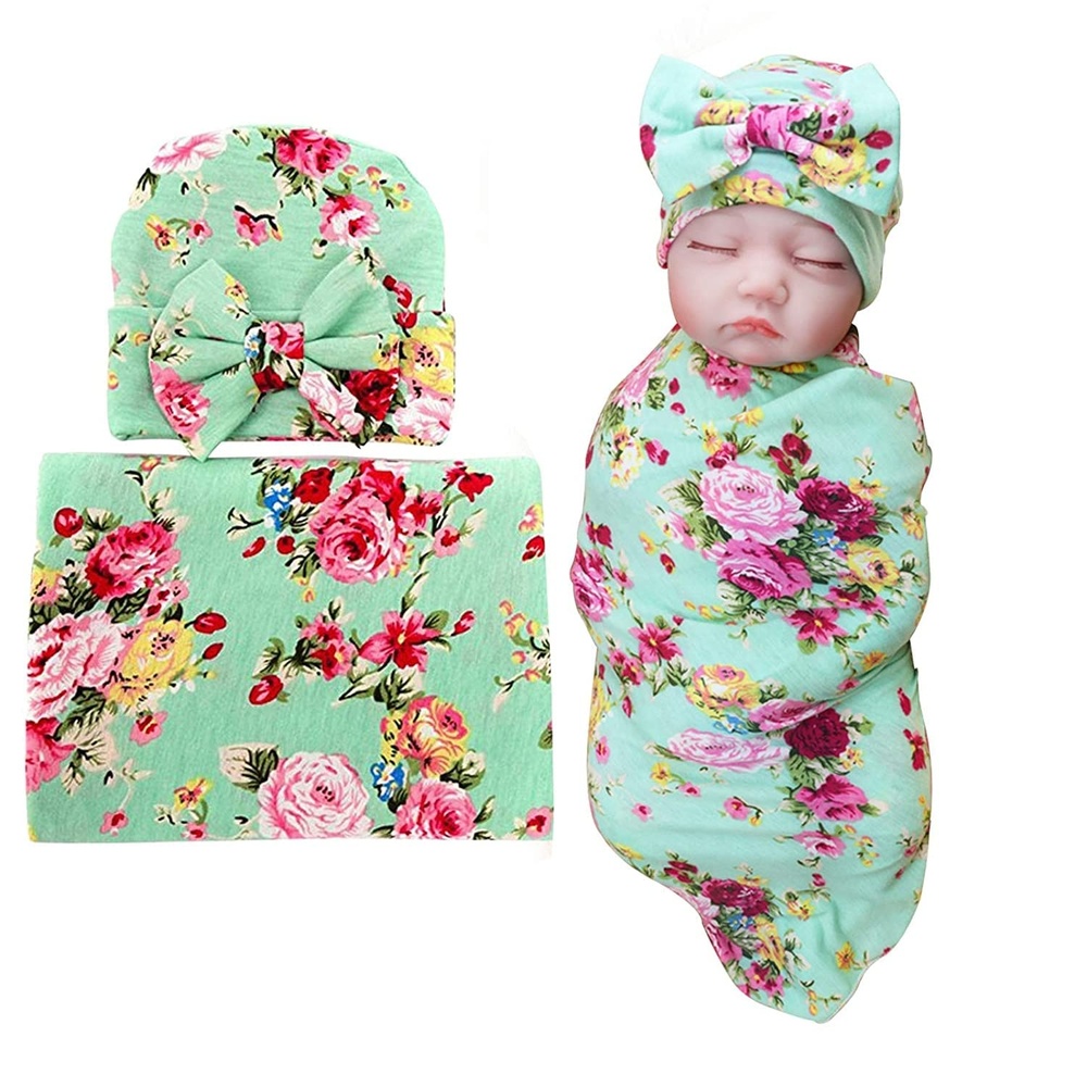 image:imageDRESHOW BQUBO Newborn Receiving Blanket with Bow Hat Set Flower Print Baby Swaddle Blankets with Beanie Nursery Swaddle Wrap 3 Sets1 Set Printed Bow Hat  Blanket Classic Green