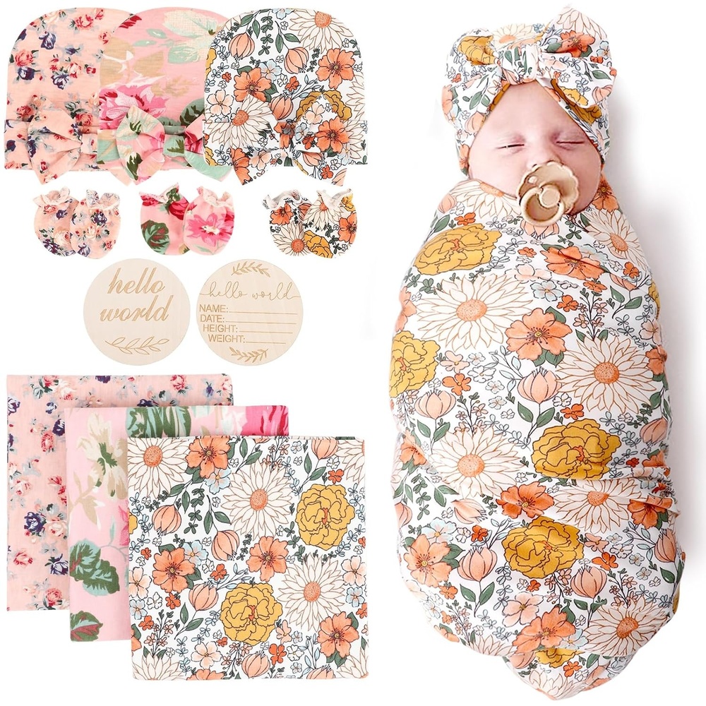 image:imageDRESHOW BQUBO Newborn Receiving Blanket with Bow Hat Set Flower Print Baby Swaddle Blankets with Beanie Nursery Swaddle Wrap 3 Sets3 Floral Sets Blanket Bow Hat Mittens Birth Announcement Card E