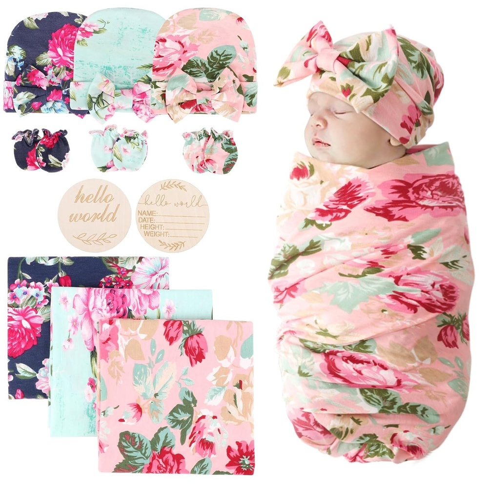image:imageDRESHOW BQUBO Newborn Receiving Blanket with Bow Hat Set Flower Print Baby Swaddle Blankets with Beanie Nursery Swaddle Wrap 3 Sets3 Floral Sets Blanket Bow Hat Mittens Birth Announcement Card D