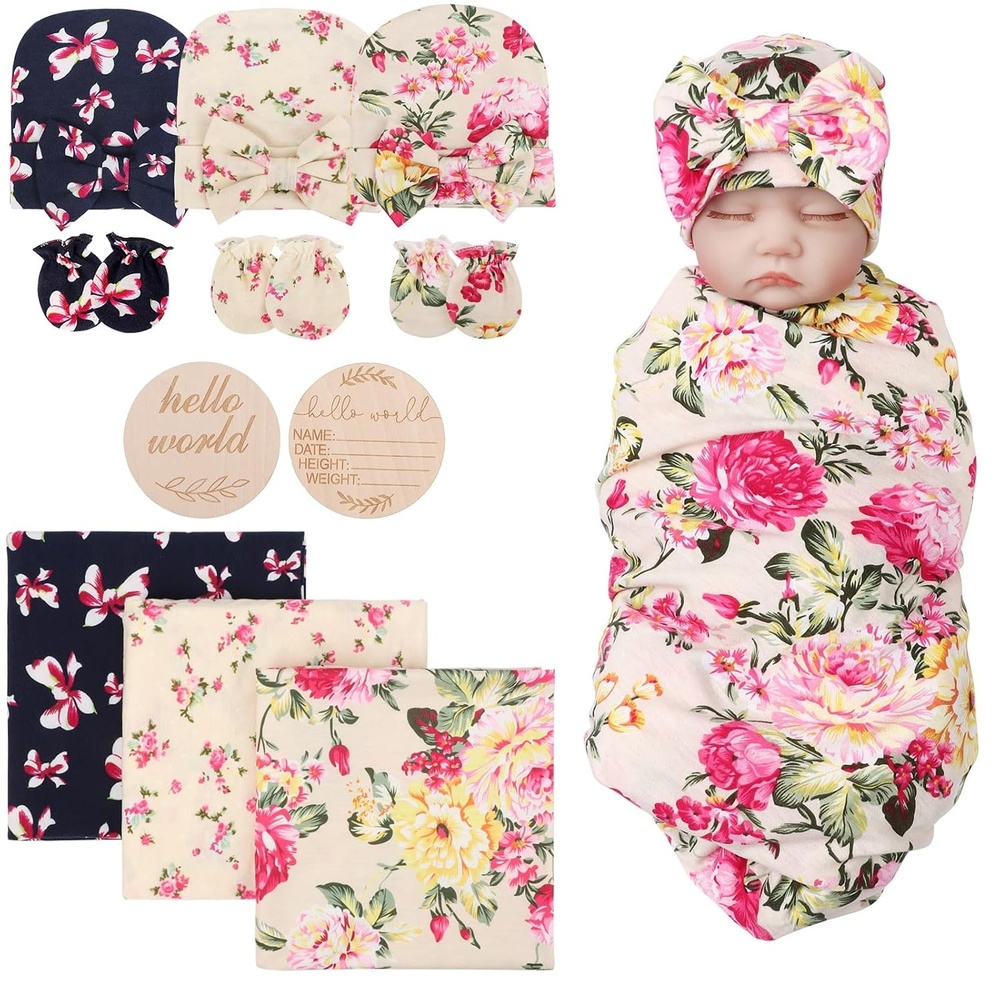 image:imageDRESHOW BQUBO Newborn Receiving Blanket with Bow Hat Set Flower Print Baby Swaddle Blankets with Beanie Nursery Swaddle Wrap 3 Sets3 Floral Sets Blanket Bow Hat Mittens Birth Announcement Card a