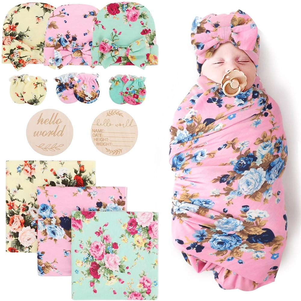 image:imageDRESHOW BQUBO Newborn Receiving Blanket with Bow Hat Set Flower Print Baby Swaddle Blankets with Beanie Nursery Swaddle Wrap 3 Sets3 Floral Sets Blanket  Bow Hat  Mittens  Birth Announcement Card