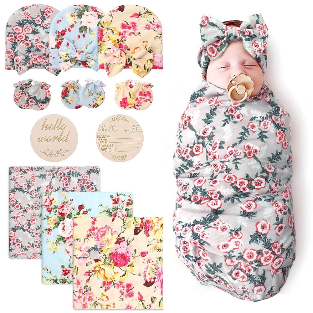 image:imageDRESHOW BQUBO Newborn Receiving Blanket with Bow Hat Set Flower Print Baby Swaddle Blankets with Beanie Nursery Swaddle Wrap 3 Sets3 Floral Sets Blanket Bow Hat Mittens Birth Announcement Card G