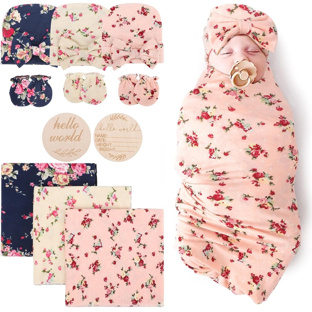 image:imageDRESHOW BQUBO Newborn Receiving Blanket with Bow Hat Set Flower Print Baby Swaddle Blankets with Beanie Nursery Swaddle Wrap 3 Sets3 Floral Sets Blanket  Bow Hat  Mittens  Birth Announcement Card B