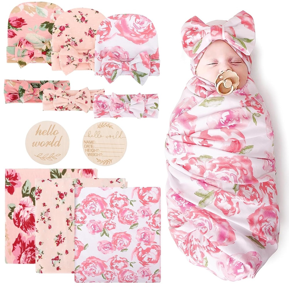 image:imageDRESHOW BQUBO Newborn Receiving Blanket with Bow Hat Set Flower Print Baby Swaddle Blankets with Beanie Nursery Swaddle Wrap 3 Sets3 Pack Floral Newborn Swaddle Headband Sets