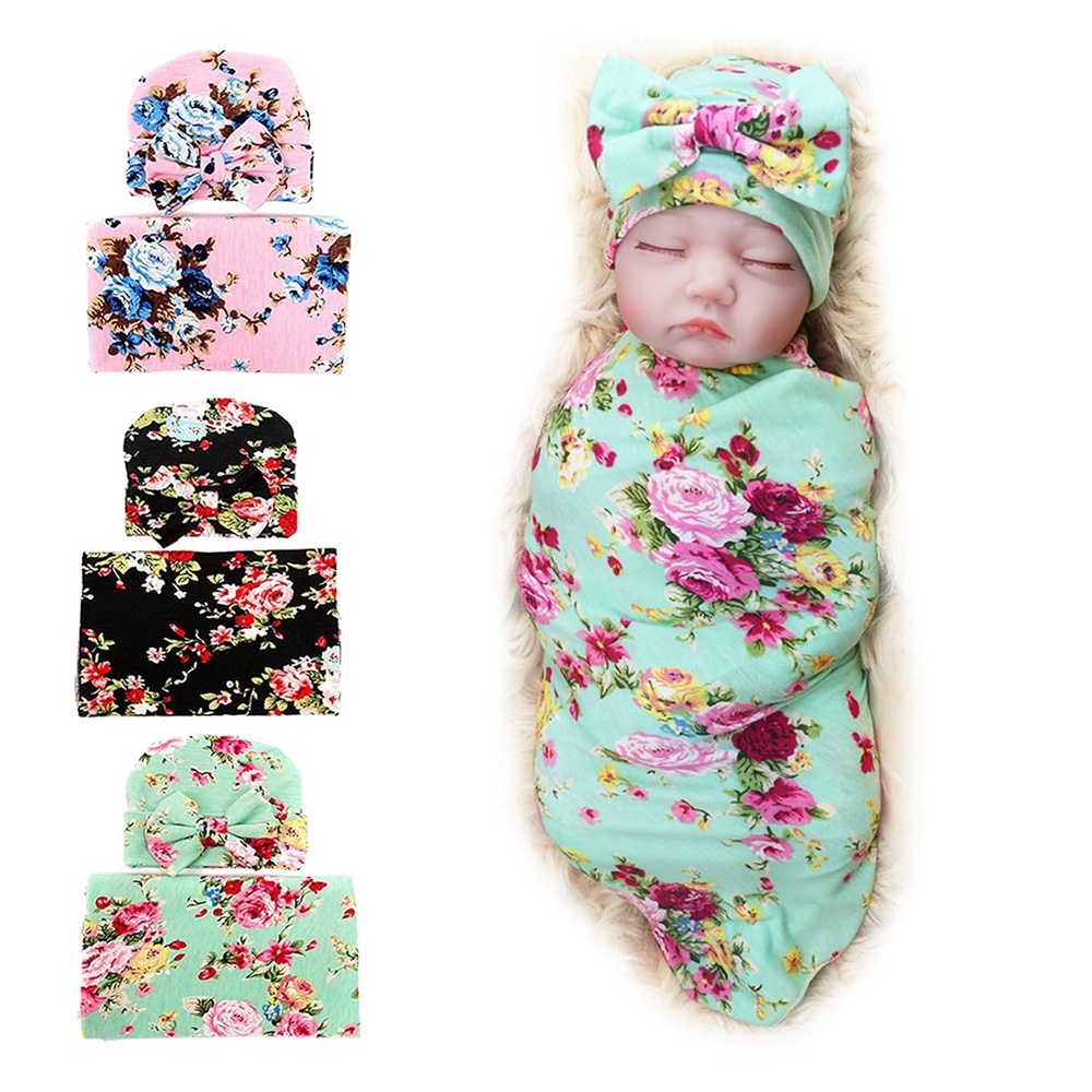image:imageDRESHOW BQUBO Newborn Receiving Blanket with Bow Hat Set Flower Print Baby Swaddle Blankets with Beanie Nursery Swaddle Wrap 3 Sets3 Sets Printed Bow Hat Blanket Black Pink Green