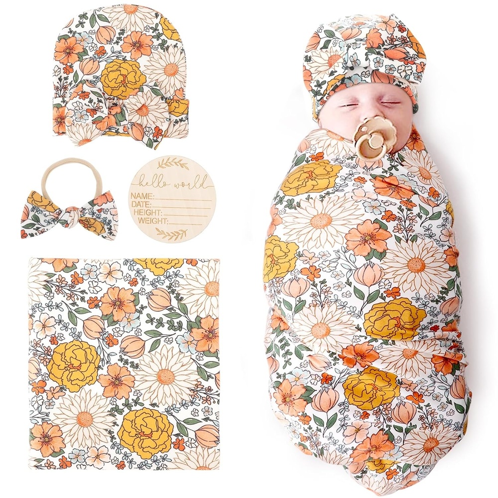 image:imageDRESHOW BQUBO Newborn Receiving Blanket with Bow Hat Set Flower Print Baby Swaddle Blankets with Beanie Nursery Swaddle Wrap 3 SetsFloral Patterned A Birth Announcement Card  Hat  Elastic Headband  Blanket