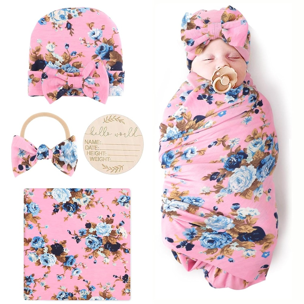 image:imageDRESHOW BQUBO Newborn Receiving Blanket with Bow Hat Set Flower Print Baby Swaddle Blankets with Beanie Nursery Swaddle Wrap 3 SetsFloral Patterned B Birth Announcement Card  Hat  Elastic Headband  Blanket