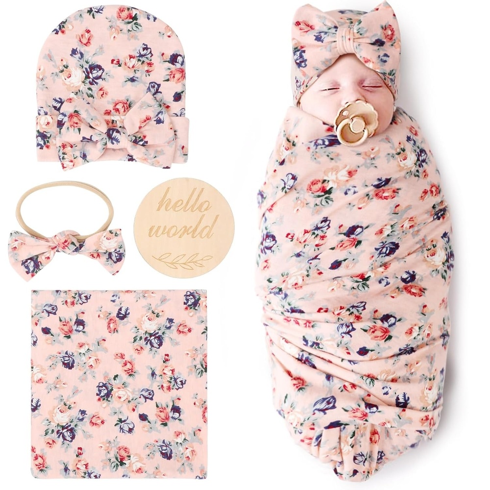 image:imageDRESHOW BQUBO Newborn Receiving Blanket with Bow Hat Set Flower Print Baby Swaddle Blankets with Beanie Nursery Swaddle Wrap 3 SetsFloral Patterned Birth Announcement Card  Hat  Elastic Headband  Blanket