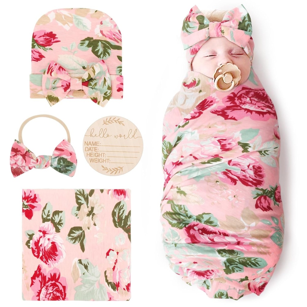 image:imageDRESHOW BQUBO Newborn Receiving Blanket with Bow Hat Set Flower Print Baby Swaddle Blankets with Beanie Nursery Swaddle Wrap 3 SetsRose Patterned Birth Announcement Card Hat Elastic Headband Blanket