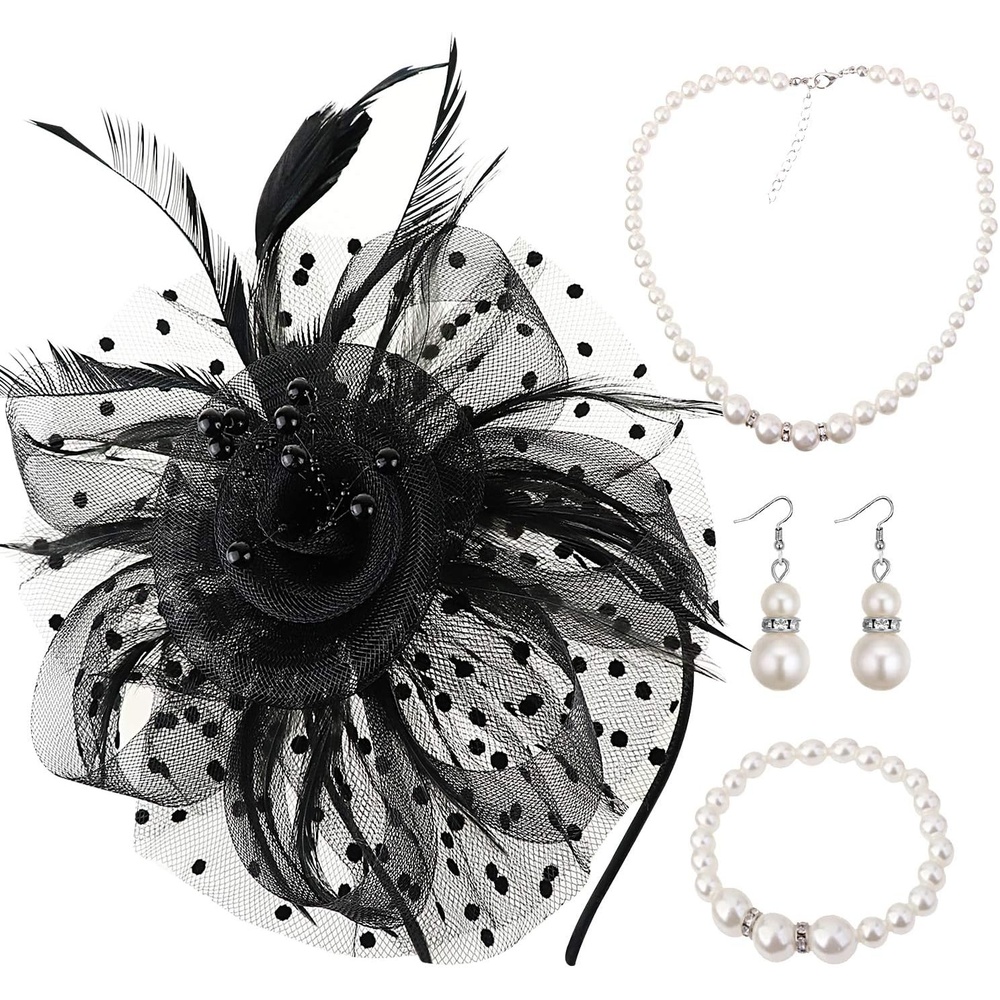 image:imageDRESHOW Fascinators Hat Flower Mesh Ribbons Feathers on a Headband and a Clip Tea Party Headwear for Girls and Women7 Black Necklace Earrings Bracelet