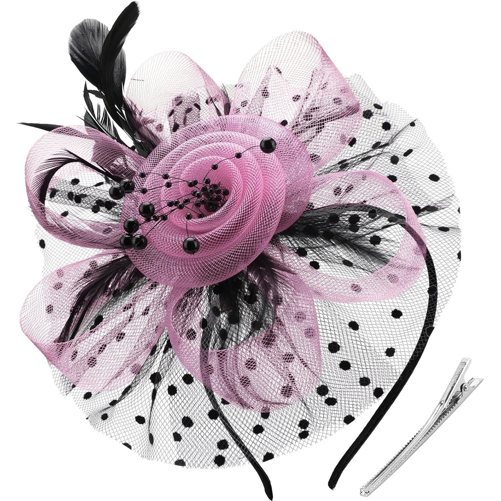image:imageDRESHOW Fascinators Hat Flower Mesh Ribbons Feathers on a Headband and a Clip Tea Party Headwear for Girls and Women7 Diameter Black Pink