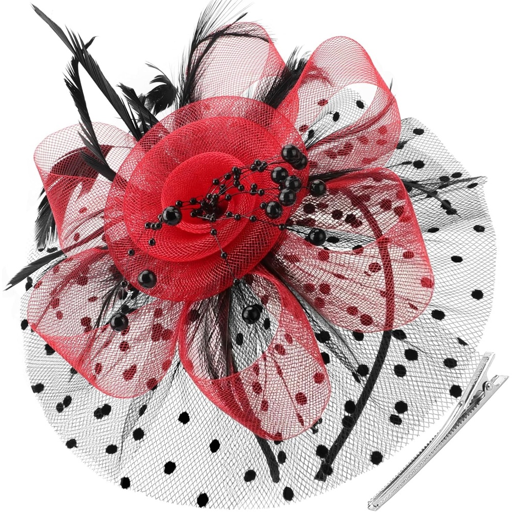 image:imageDRESHOW Fascinators Hat Flower Mesh Ribbons Feathers on a Headband and a Clip Tea Party Headwear for Girls and Women7 Diameter Black Red