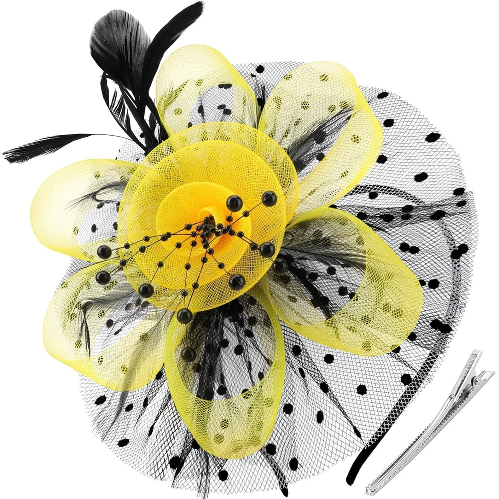 image:imageDRESHOW Fascinators Hat Flower Mesh Ribbons Feathers on a Headband and a Clip Tea Party Headwear for Girls and Women7 Diameter Black Yellow