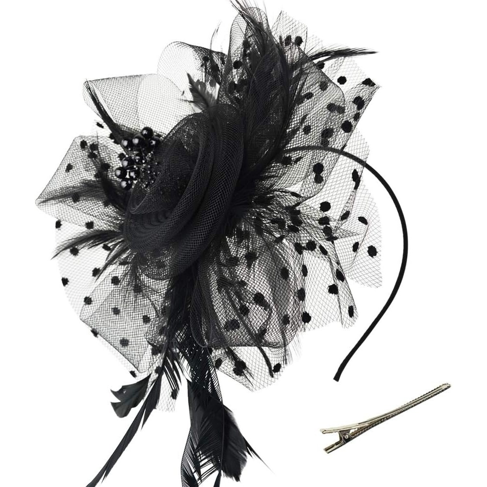 image:imageDRESHOW Fascinators Hat Flower Mesh Ribbons Feathers on a Headband and a Clip Tea Party Headwear for Girls and Women7 Diameter Black
