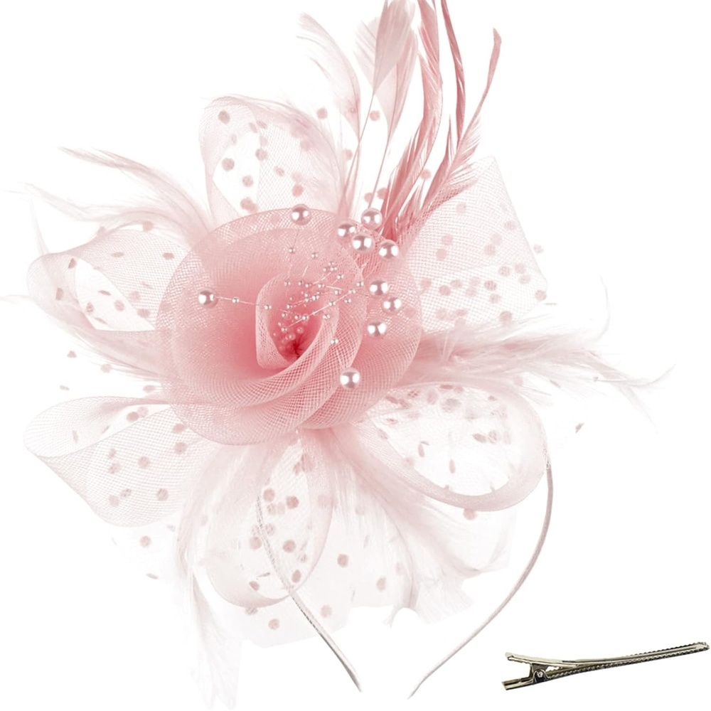 image:imageDRESHOW Fascinators Hat Flower Mesh Ribbons Feathers on a Headband and a Clip Tea Party Headwear for Girls and Women7 Diameter Blush Pink
