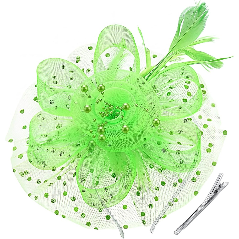 image:imageDRESHOW Fascinators Hat Flower Mesh Ribbons Feathers on a Headband and a Clip Tea Party Headwear for Girls and Women7 Diameter Bright Green