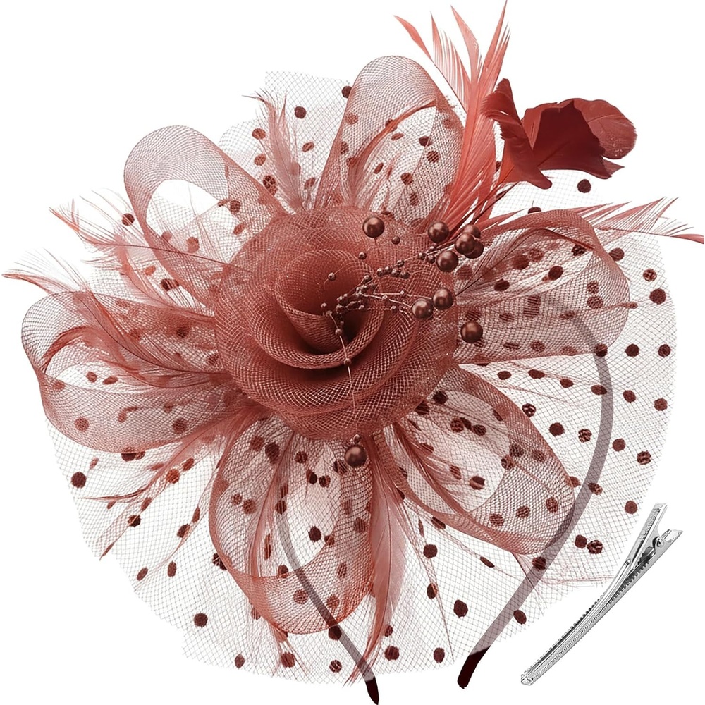 image:imageDRESHOW Fascinators Hat Flower Mesh Ribbons Feathers on a Headband and a Clip Tea Party Headwear for Girls and Women7 Diameter Coffee