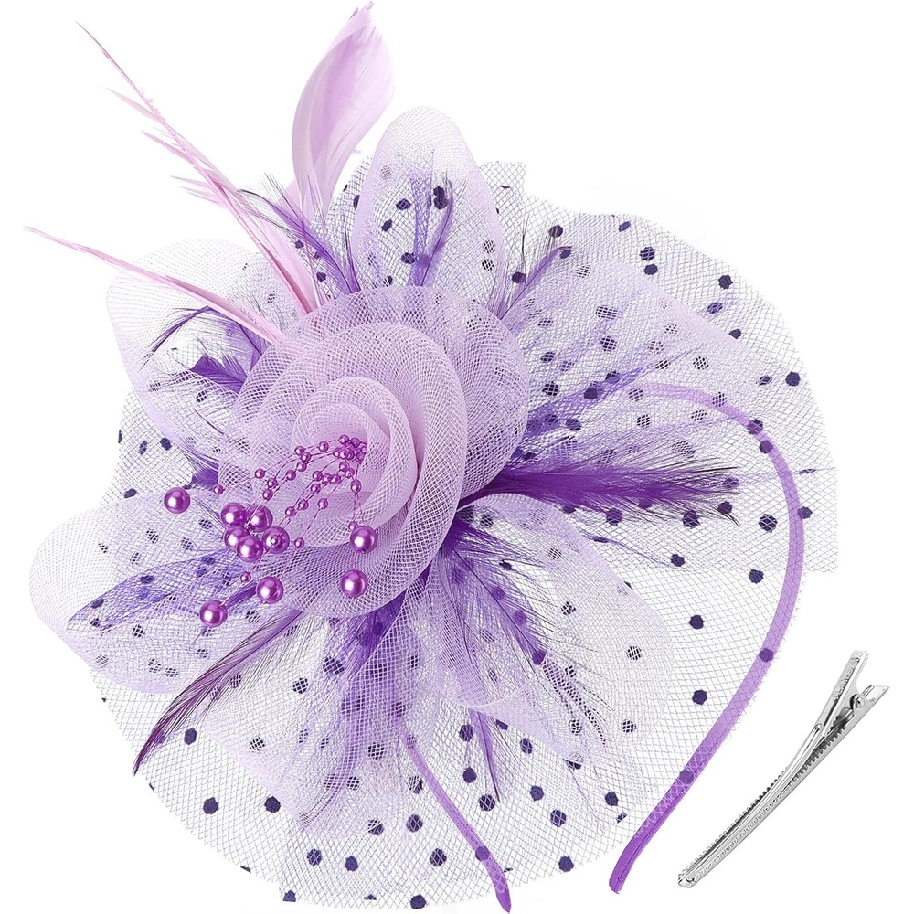 image:imageDRESHOW Fascinators Hat Flower Mesh Ribbons Feathers on a Headband and a Clip Tea Party Headwear for Girls and Women7 Diameter Dark Purple Light Purple