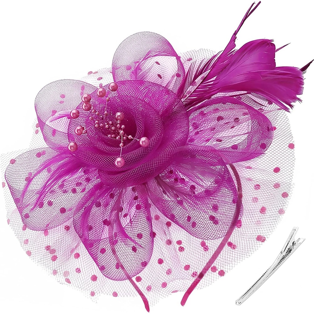 image:imageDRESHOW Fascinators Hat Flower Mesh Ribbons Feathers on a Headband and a Clip Tea Party Headwear for Girls and Women7 Diameter Dark Reddish Purple
