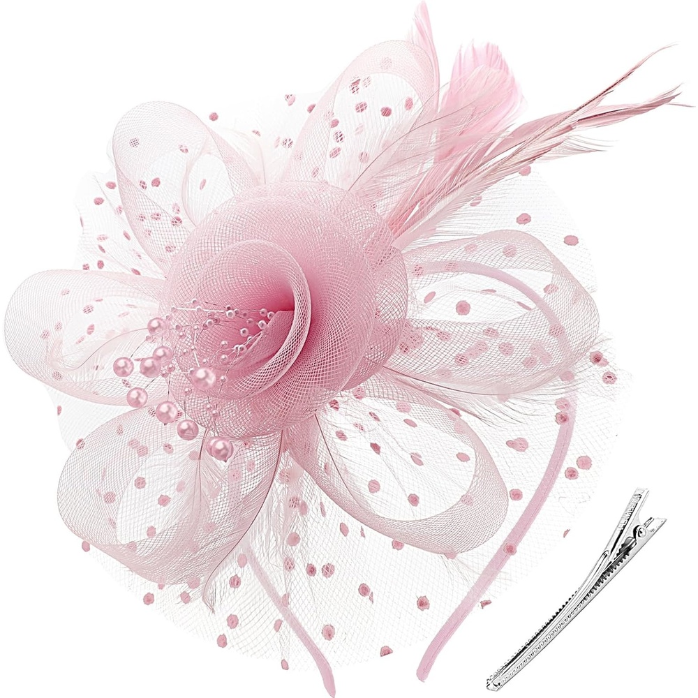 image:imageDRESHOW Fascinators Hat Flower Mesh Ribbons Feathers on a Headband and a Clip Tea Party Headwear for Girls and Women7 Diameter Dusty Pink