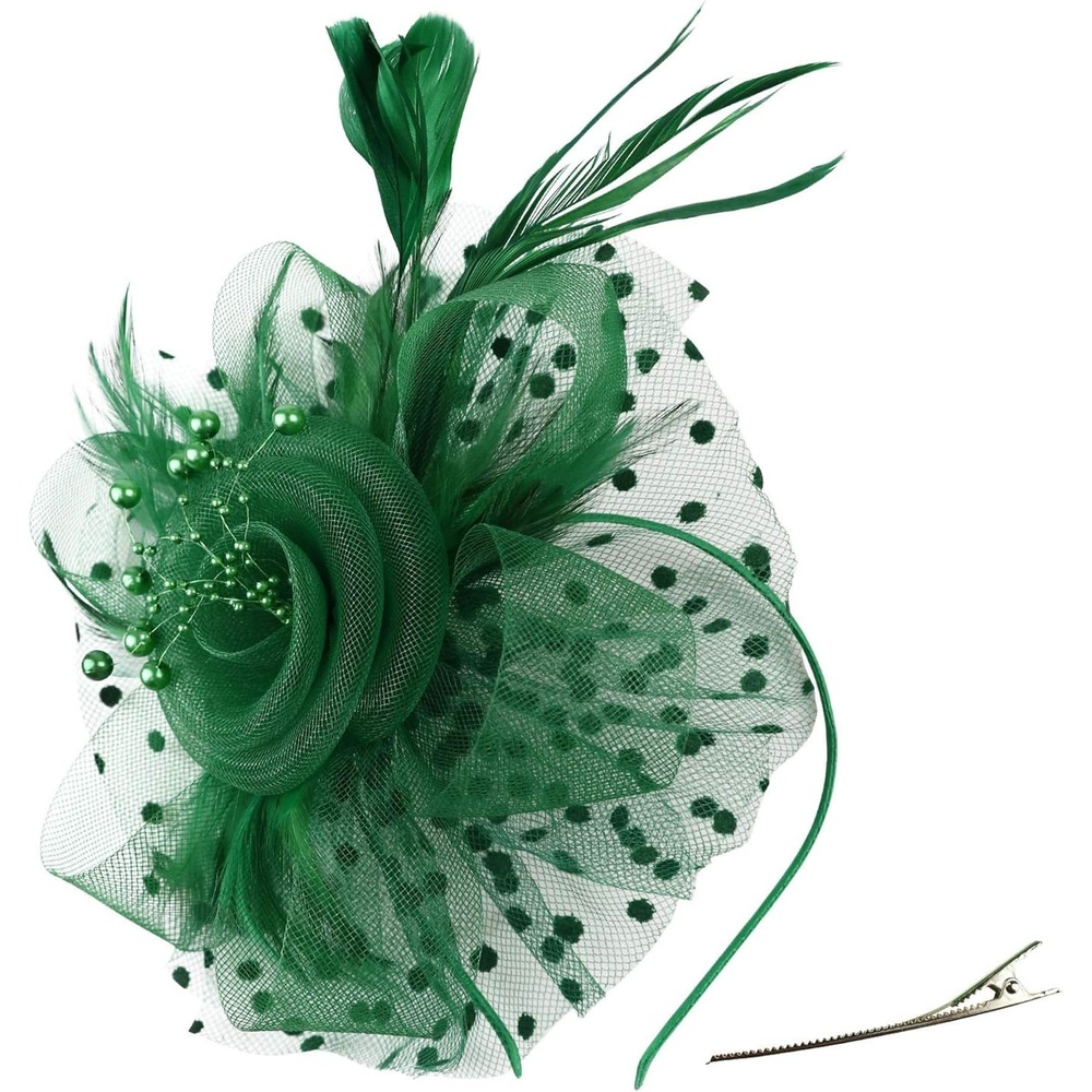 image:imageDRESHOW Fascinators Hat Flower Mesh Ribbons Feathers on a Headband and a Clip Tea Party Headwear for Girls and Women7 Diameter Emerald Green
