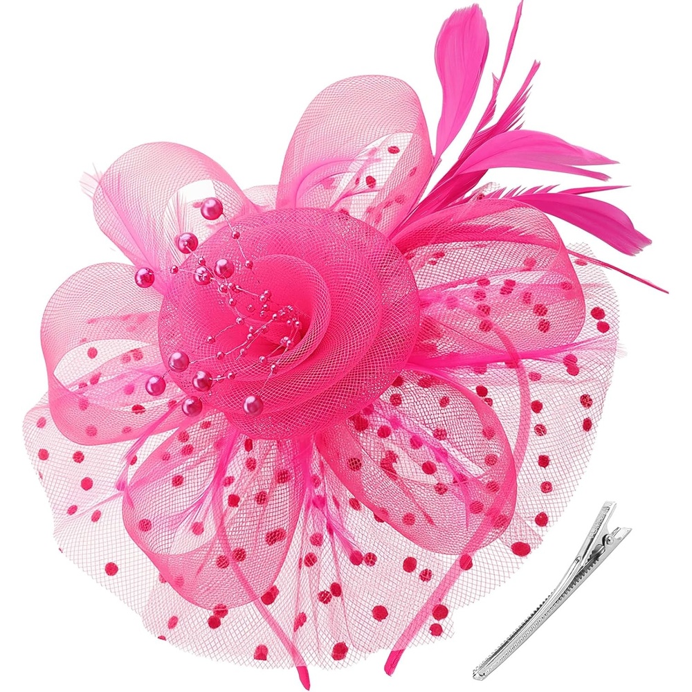 image:imageDRESHOW Fascinators Hat Flower Mesh Ribbons Feathers on a Headband and a Clip Tea Party Headwear for Girls and Women7 Diameter Fuschia