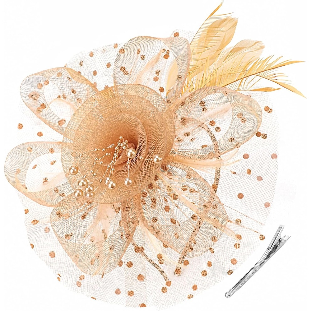 image:imageDRESHOW Fascinators Hat Flower Mesh Ribbons Feathers on a Headband and a Clip Tea Party Headwear for Girls and Women7 Diameter Gold