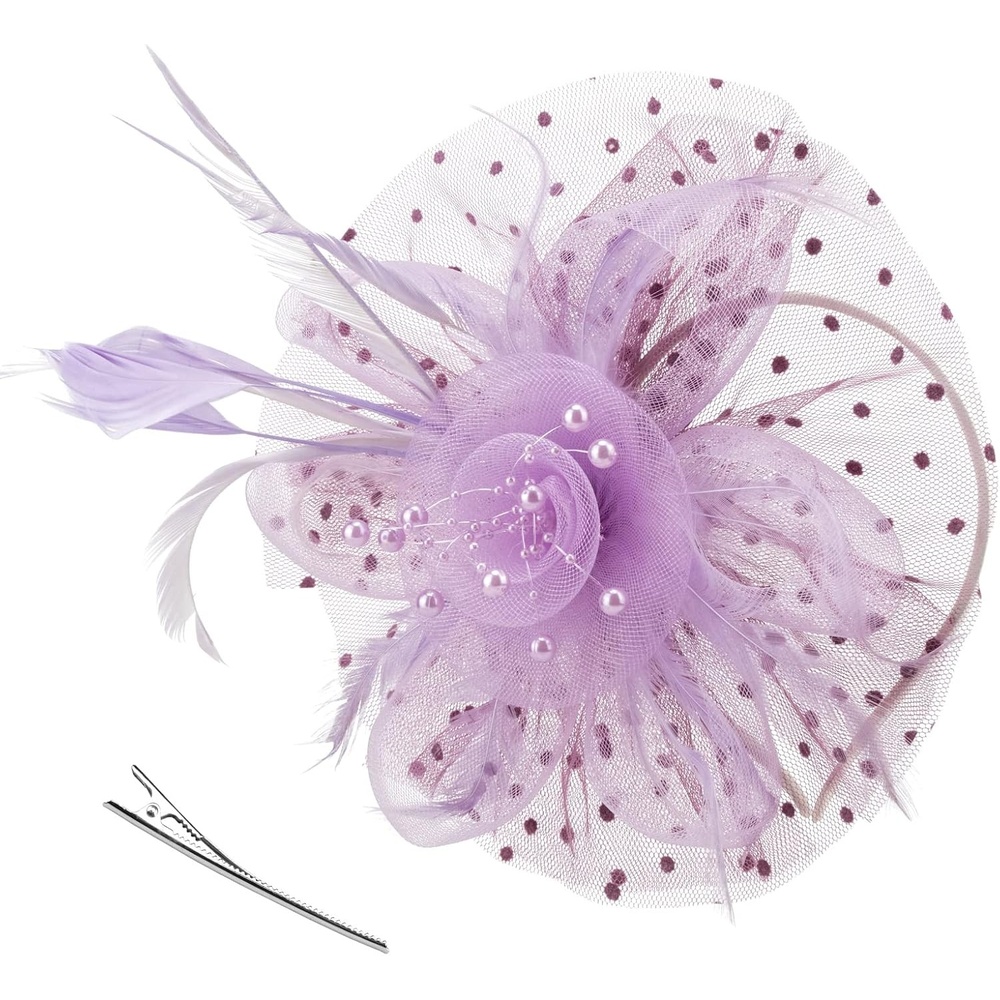 image:imageDRESHOW Fascinators Hat Flower Mesh Ribbons Feathers on a Headband and a Clip Tea Party Headwear for Girls and Women7 Diameter Light Purple
