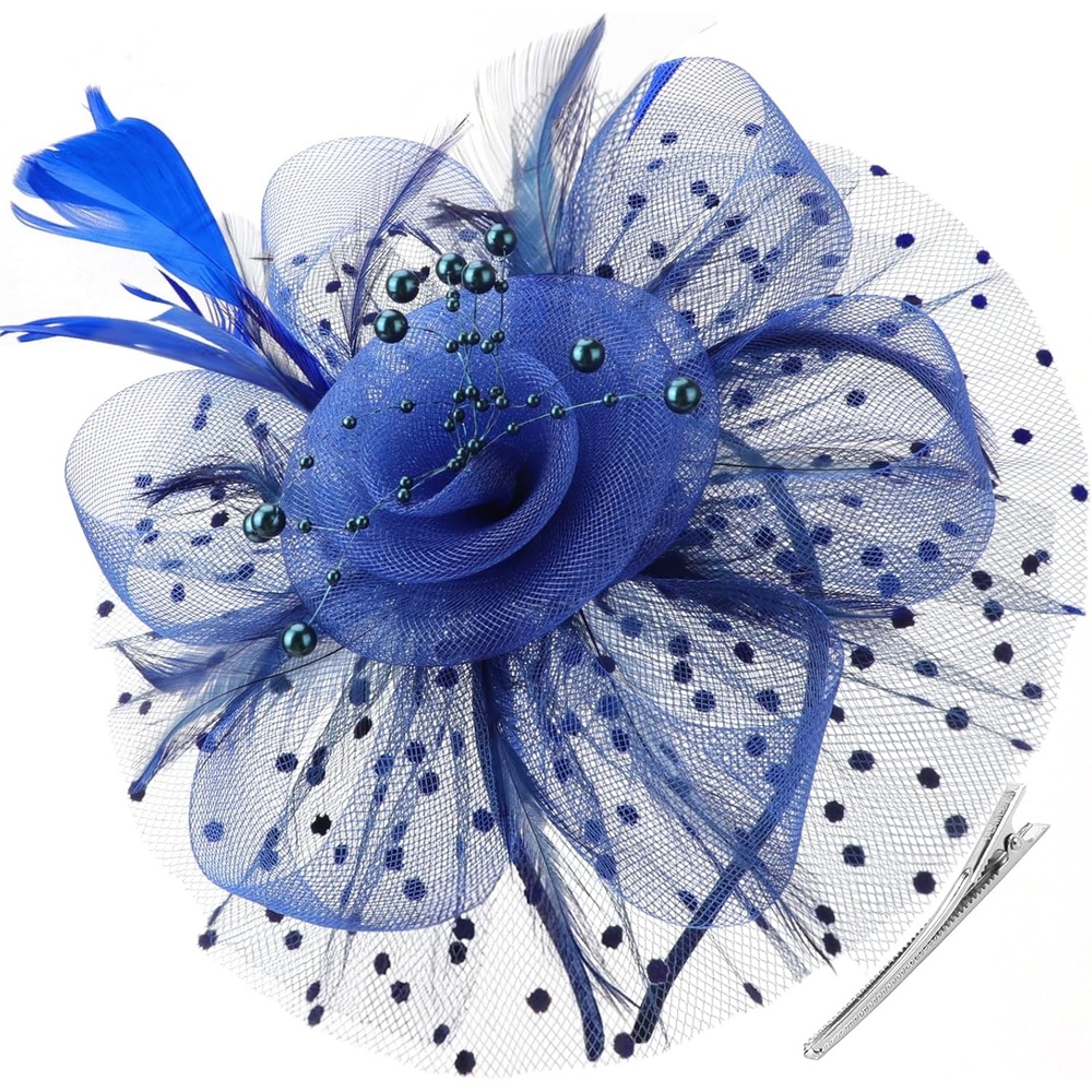 image:imageDRESHOW Fascinators Hat Flower Mesh Ribbons Feathers on a Headband and a Clip Tea Party Headwear for Girls and Women7 Diameter Navy Dark Blue
