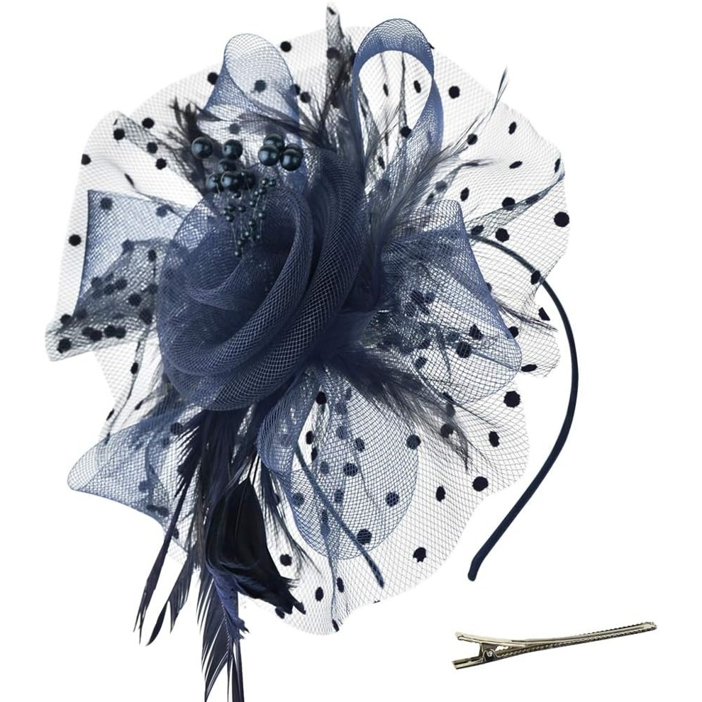 image:imageDRESHOW Fascinators Hat Flower Mesh Ribbons Feathers on a Headband and a Clip Tea Party Headwear for Girls and Women7 Diameter Navy