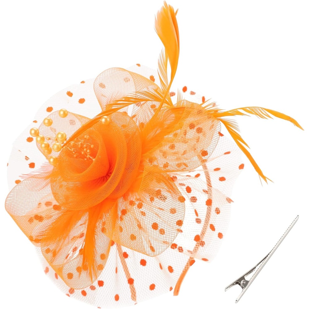 image:imageDRESHOW Fascinators Hat Flower Mesh Ribbons Feathers on a Headband and a Clip Tea Party Headwear for Girls and Women7 Diameter Orange