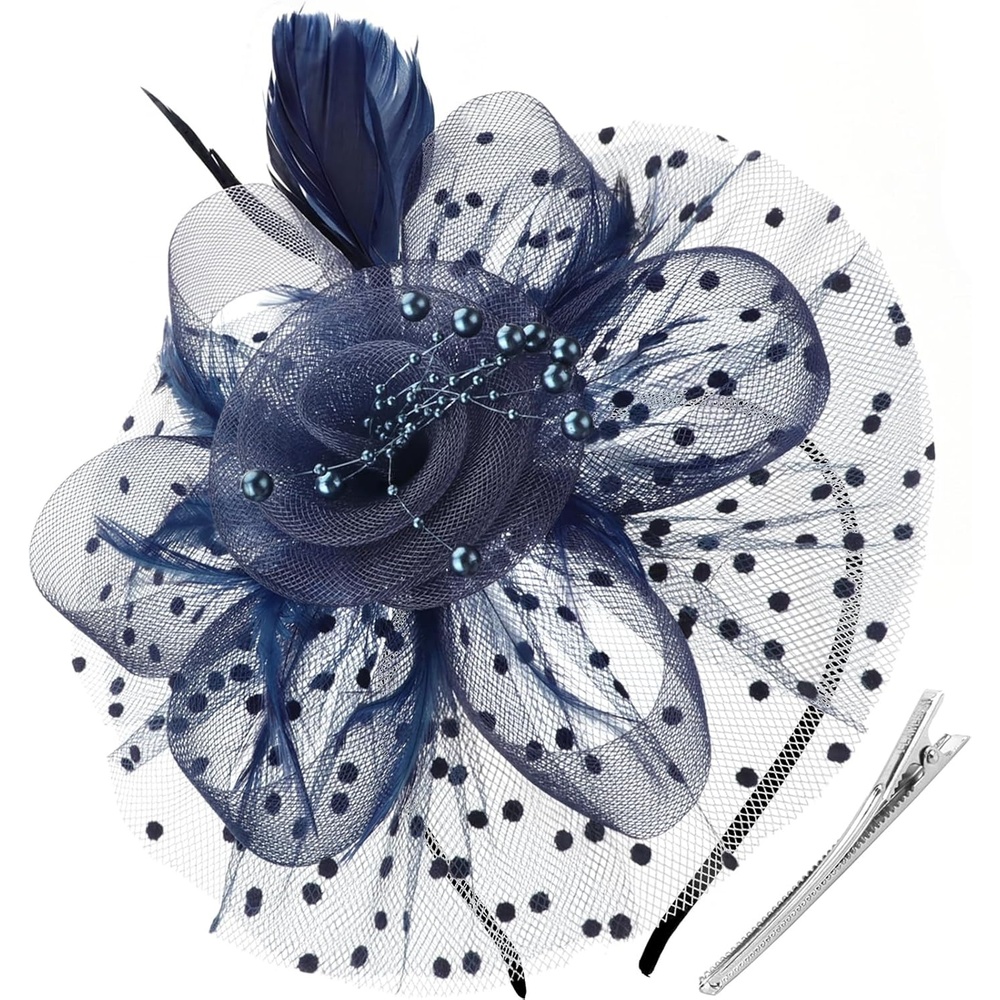 image:imageDRESHOW Fascinators Hat Flower Mesh Ribbons Feathers on a Headband and a Clip Tea Party Headwear for Girls and Women7 Diameter Oxford Blue