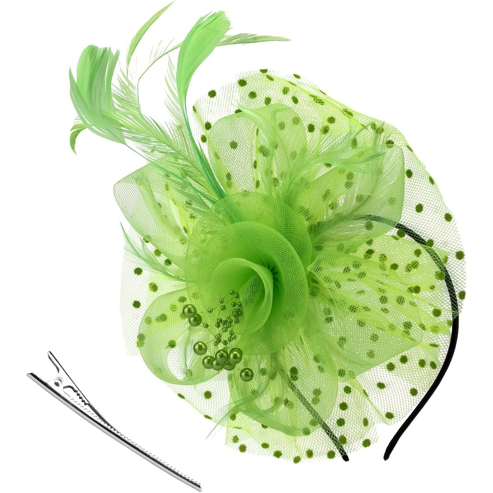 image:imageDRESHOW Fascinators Hat Flower Mesh Ribbons Feathers on a Headband and a Clip Tea Party Headwear for Girls and Women7 Diameter Pea Green