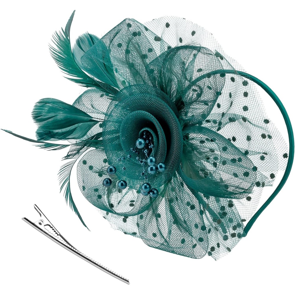 image:imageDRESHOW Fascinators Hat Flower Mesh Ribbons Feathers on a Headband and a Clip Tea Party Headwear for Girls and Women7 Diameter Peacock Blue