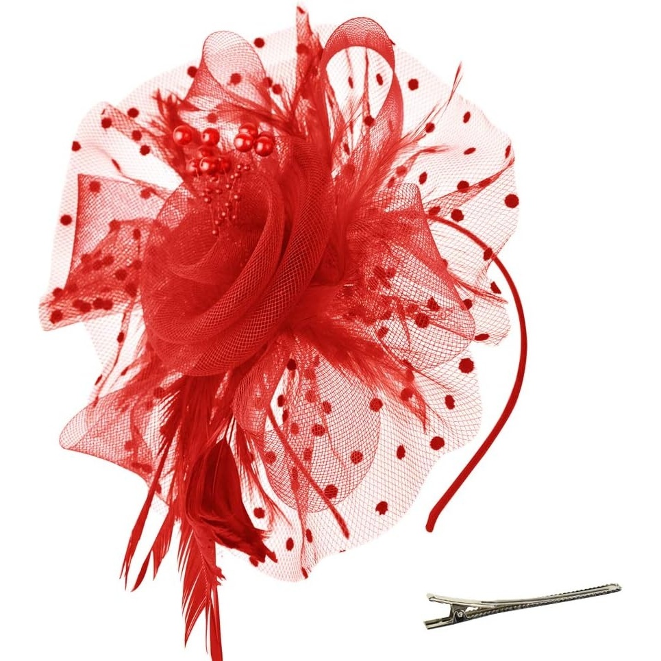 image:imageDRESHOW Fascinators Hat Flower Mesh Ribbons Feathers on a Headband and a Clip Tea Party Headwear for Girls and Women7 Diameter Red