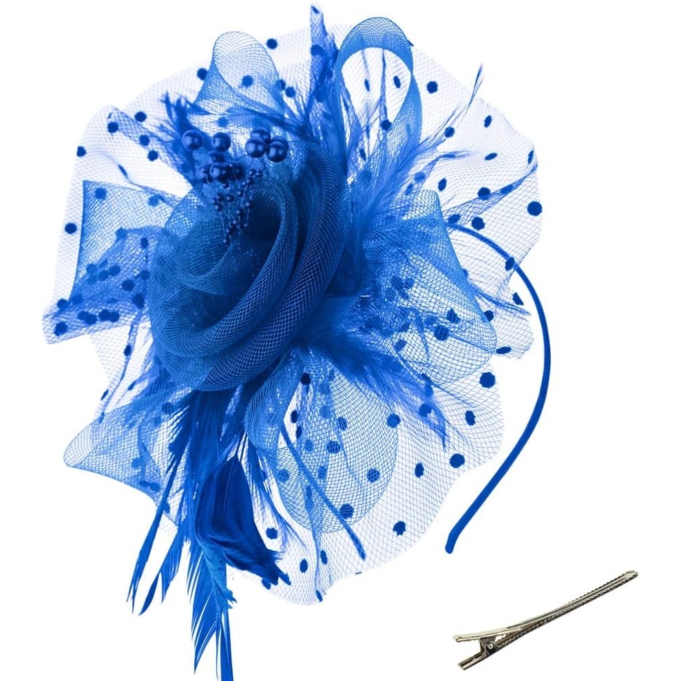 image:imageDRESHOW Fascinators Hat Flower Mesh Ribbons Feathers on a Headband and a Clip Tea Party Headwear for Girls and Women7 Diameter Royal Blue