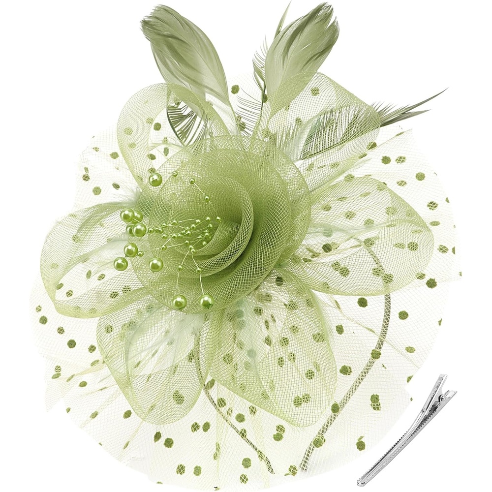 image:imageDRESHOW Fascinators Hat Flower Mesh Ribbons Feathers on a Headband and a Clip Tea Party Headwear for Girls and Women7 Diameter Sage Green