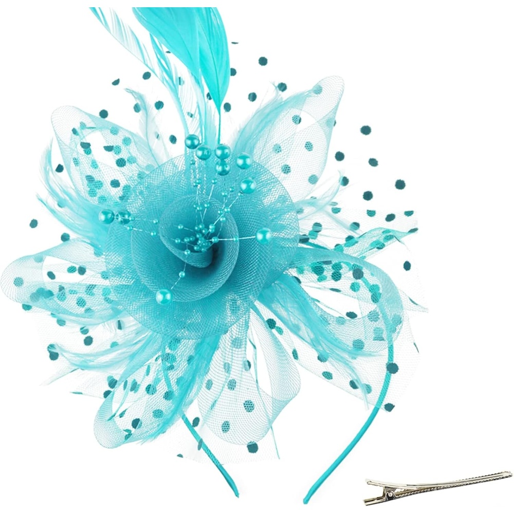 image:imageDRESHOW Fascinators Hat Flower Mesh Ribbons Feathers on a Headband and a Clip Tea Party Headwear for Girls and Women7 Diameter Sky Blue