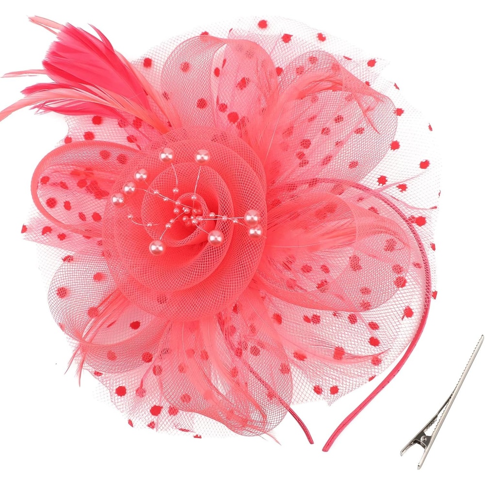 image:imageDRESHOW Fascinators Hat Flower Mesh Ribbons Feathers on a Headband and a Clip Tea Party Headwear for Girls and Women7 Diameter Watermelon Red