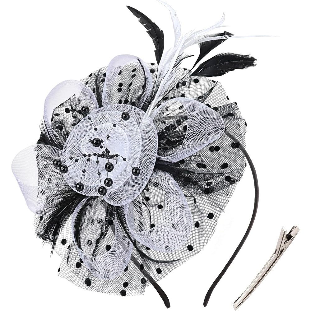 image:imageDRESHOW Fascinators Hat Flower Mesh Ribbons Feathers on a Headband and a Clip Tea Party Headwear for Girls and Women7 Diameter Black White